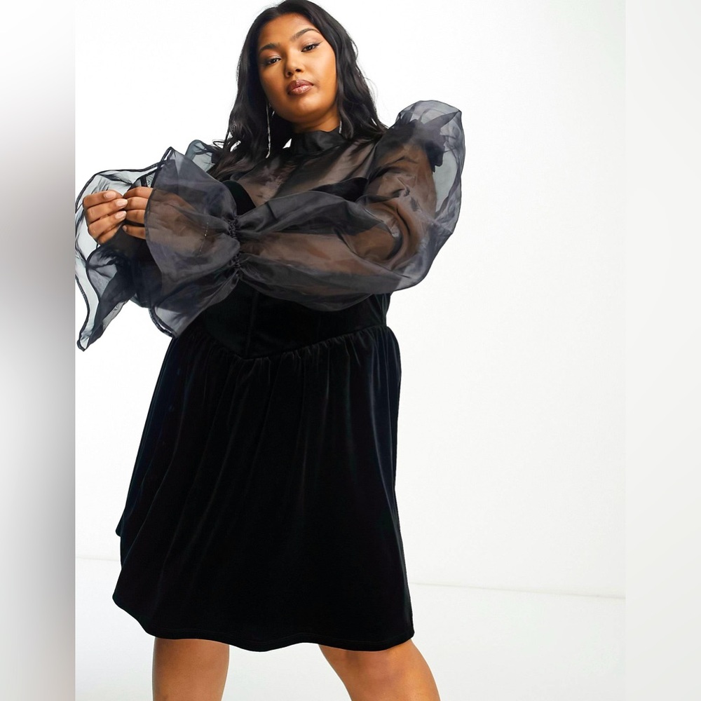 ASOS LUXE Curve high neck corsetted velvet mini dress with sheer black sleeves